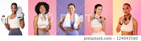 A group of five women are engaged in a fitness session, each holding water bottles and towels. They display smiles and enthusiasm, showcasing a vibrant atmosphere of wellness and exercise. A group of five women are engaged in a fitness session, each holding water bottles and towels. They display smiles and enthusiasm, showcasing a vibrant atmosphere of wellness and exercise. 124043580