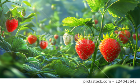 Strawberry plants thriving in a lush field on a sunny day with ripe and unripe fruit visible 124043645