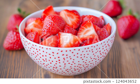 Freshly sliced strawberries in a decorative bowl set on a wooden table 124043652