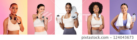A group of women showcases their commitment to fitness, each holding workout gear and smiling confidently. They represent diversity in appearance and enthusiasm for healthy living. A group of women showcases their commitment to fitness, each holding workout gear and smiling confidently. They represent diversity in appearance and enthusiasm for healthy living. 124043673