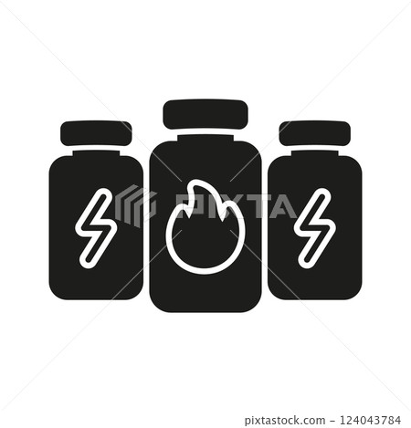 Supplement bottles with energy and fire symbols solid icon. Energy boost and metabolism enhancement with supplements silhouette symbol. Isolated vector illustration Supplement bottles with energy and fire symbols solid icon. Energy boost and metabolism enhancement with supplements silhouette symbol. Isolated vector illustration 124043784