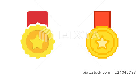 Golden Medal With Star Pixelated Icon Set. Pixel Art Symbol Collection Of Awards And Achievements. Isolated Vector Illustration 124043788