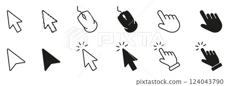 Arrow Cursor And Click Hand Line And Solid Icon Set. Pointing Device Symbols And Mouse Click Gesture Symbol Collection. Isolated Vector Illustration Arrow Cursor And Click Hand Line And Solid Icon Set. Pointing Device Symbols And Mouse Click Gesture Symbol Collection. Isolated Vector Illustration 124043790