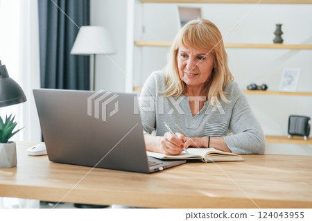 Sitting by table with laptop. Senior woman with red hair is at home alone 124043955