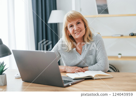 Sitting by table with laptop. Senior woman with red hair is at home alone 124043959