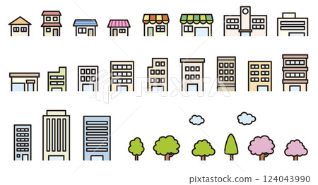 各種建築物和樹木的圖標集 124043990