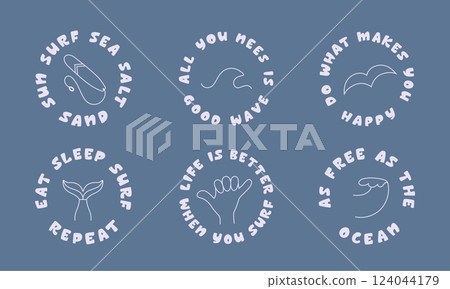Cute monochrome quotes, icons abour surfing, freedon, ocean. Vector design with text for t shirt, merch, stickers. Cute monochrome quotes, icons abour surfing, freedon, ocean. Vector design with text for t shirt, merch, stickers. 124044179