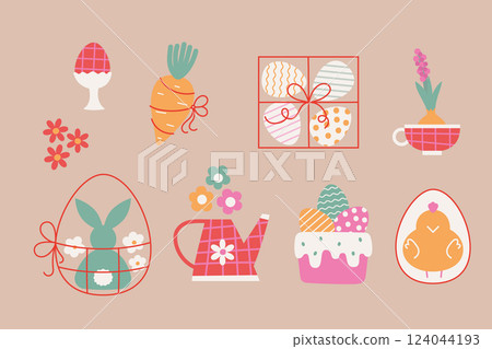 Simple cute Easter eggs, chick, bunny in basket, cake. Cartoon flat Easter illustrations for sticker, card, invitation, holiday merch. 124044193