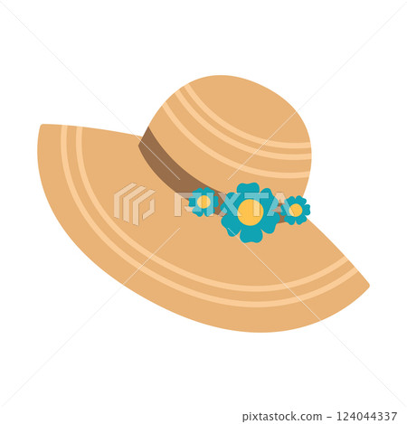 Women's straw hat with wide brim, ribbon and flowers. Elegant summer vacation wicker headdress. Beach or garden accessory. Vector flat illustration isolated on white background Women's straw hat with wide brim, ribbon and flowers. Elegant summer vacation wicker headdress. Beach or garden accessory. Vector flat illustration isolated on white background 124044337