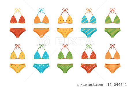 Colorful swimsuits set with different patterns. Fashion bikini collection. Bathing bras and panties. Women's clothes for summer vacation. Vector flat illustration isolated on white background 124044341