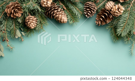 Festive pinecone and evergreen branch arrangement on a pastel green background for Christmas decoration, AI Generative 124044348