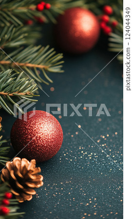 Festive christmas background with red baubles, pine branches, and golden pinecones for holiday decoration, AI Generative Festive christmas background with red baubles, pine branches, and golden pinecones for holiday decoration, AI Generative 124044349