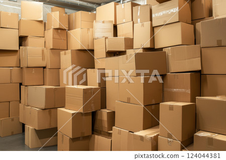 Stacked cardboard boxes in a storage room for packaging and shipping logistics concept, AI Generative 124044381