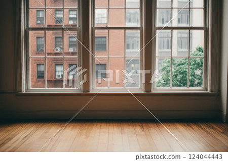 Empty room with large windows overlooking red brick building and tree on a quiet street, featuring warm wooden flooring, AI Generative 124044443
