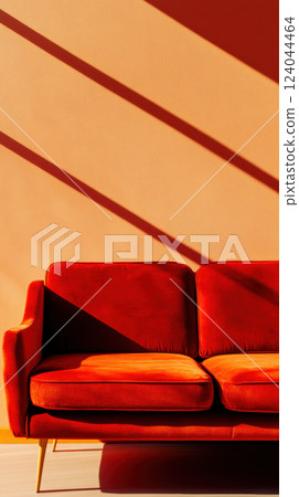 Modern red sofa in sunlit room with bold shadows on peach wall creating a striking geometric pattern, AI Generative 124044464