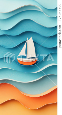 Colorful paper art of sailboat navigating layered ocean waves in vibrant blue and orange tones, AI Generative 124044590