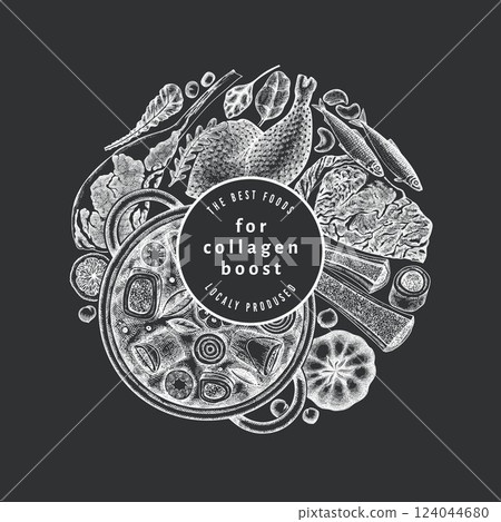 Collagen Diet Chalk Board Design Template. Vector Hand Drawn Healthy Food Banner. Vintage Style Collagen Bust Menu Illustration. 124044680