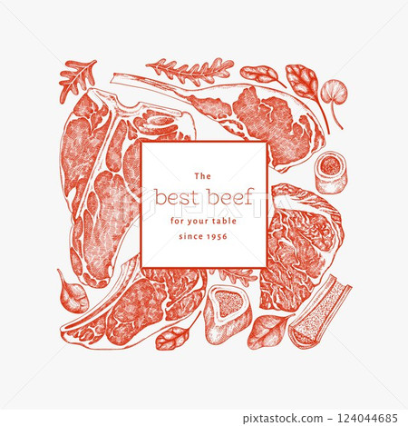 Butchery Shop Design Template. Vector Hand Drawn Meat Banner. Vintage Style Bar B Q Menu Illustration. 124044685
