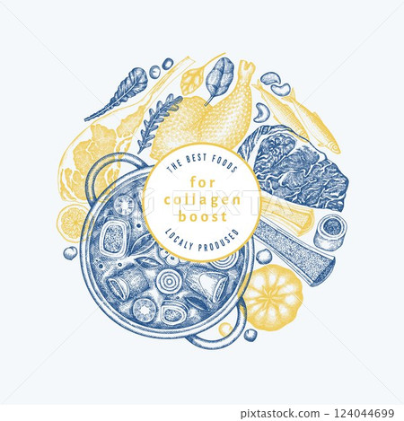 Collagen Diet Design Template. Vector Hand Drawn Healthy Food Banner. Vintage Style Collagen Bust  Menu Illustration. 124044699