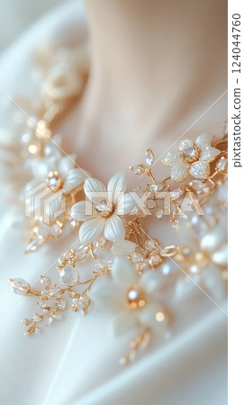 Elegant floral pearl necklace adorning neckline with delicate gold accents and intricate design, AI Generative 124044760