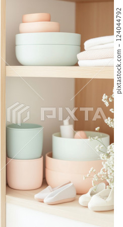 Minimalist pastel kitchenware arrangement on wooden shelves with floral accents and soft textiles, AI Generative 124044792