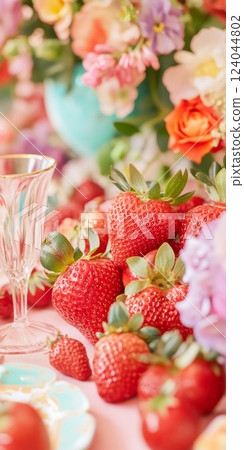 Fresh strawberries arranged on a vibrant floral table setting with elegant glassware, AI Generative 124044802