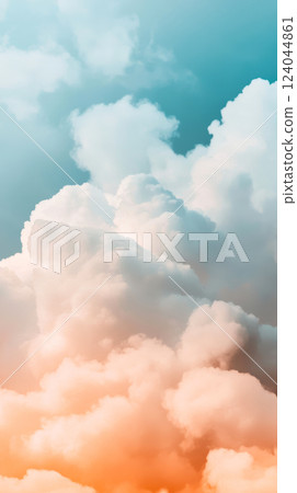 Fluffy white clouds with vibrant colors in a clear blue sky for a serene and dreamy landscape atmosphere, AI Generative 124044861