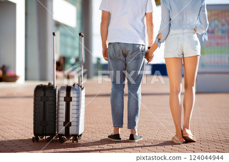 Young couple with suitcases arriving at airport and waiting for flight, back view, crop 124044944