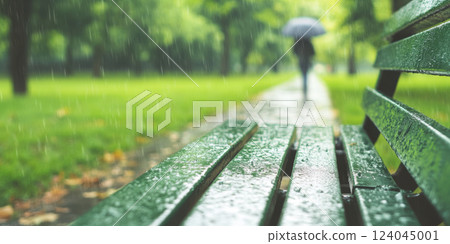 Empty park bench in rainy weather with pathway and blurred figure holding umbrella in lush green setting, AI Generative 124045001