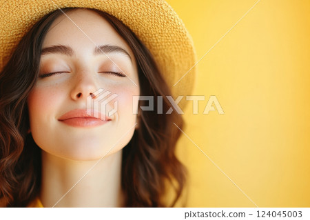 Young woman enjoying sunshine with closed eyes wearing a straw hat against bright yellow background, radiating joy and relaxation, AI Generative 124045003