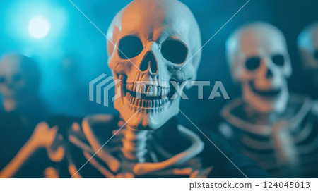 Eerie skeletons in mysterious foggy background with dramatic lighting and shadows, AI Generative 124045013