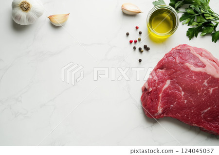 Raw beef steak with garlic and herbs on marble kitchen counter with olive oil top view simplicity, AI Generative Raw beef steak with garlic and herbs on marble kitchen counter with olive oil top view simplicity, AI Generative 124045037