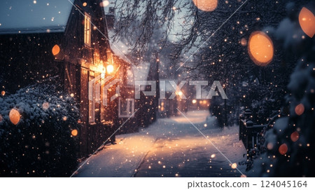 A tranquil street in a winter neighborhood, covered in snow and softly lit by glowing street lamps. The serene atmosphere invites peaceful strolls through the snowflakes falling gently. 124045164