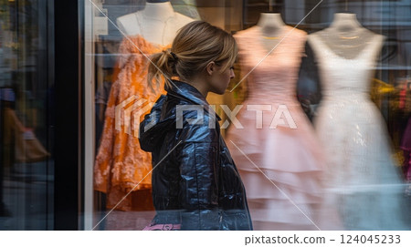A woman in a black jacket walks past a boutique featuring an array of wedding dresses in various styles and colors. The reflective glass showcases both her and the elegant gowns in the display. A woman in a black jacket walks past a boutique featuring an array of wedding dresses in various styles and colors. The reflective glass showcases both her and the elegant gowns in the display. 124045233