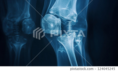 A detailed view of a human knee joint captured through X-ray imaging, showcasing the bone structure and a metallic component indicating a potential joint replacement or repair. 124045245
