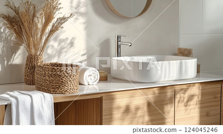 A modern bathroom features a sleek rectangular sink atop a wooden vanity. Natural decor items, including a woven basket and dried plants, create a calming atmosphere, enhanced by soft sunlight. 124045246