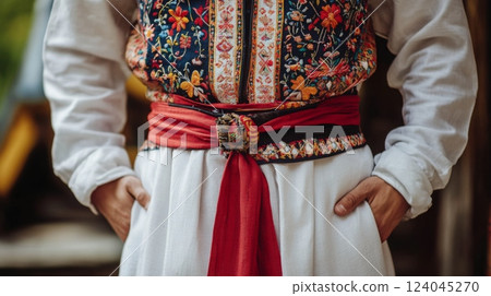A person showcases a vibrant traditional costume adorned with intricate embroidery during a cultural celebration. A person showcases a vibrant traditional costume adorned with intricate embroidery during a cultural celebration. 124045270