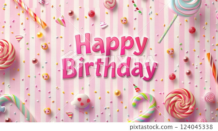 Brightly colored candies and sweets arranged on a striped background with a cheerful birthday greeting. 124045338