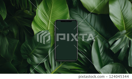 Mockup for business, phone on green background with plants, advertising Mockup for business, phone on green background with plants, advertising 124045344