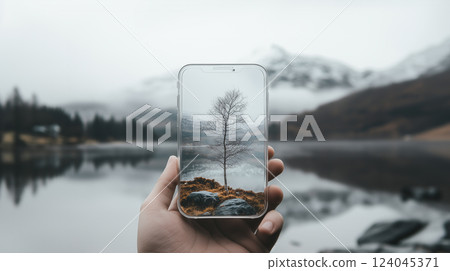 Business mockup, phone on the background of mountains with plants, advertising, tourism concept 124045371