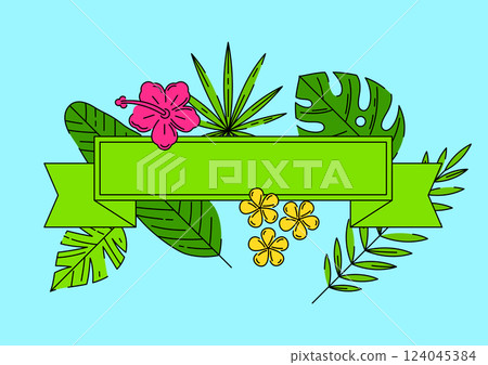 Ribbon with stylized palm leaves. Decorative image of tropical foliage and plants. Ribbon with stylized palm leaves. Decorative image of tropical foliage and plants. 124045384