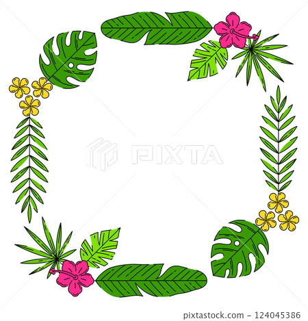 Frame with stylized palm leaves. Decorative image of tropical foliage and plants. Frame with stylized palm leaves. Decorative image of tropical foliage and plants. 124045386