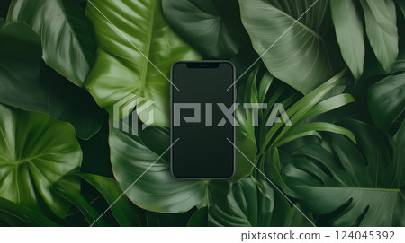 Mockup for business, phone on green background with plants, advertising 124045392