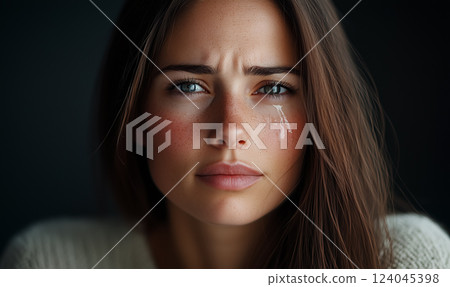 一位女士的藍眼睛裡流淌著淚水 一位女士的藍眼睛裡流淌著淚水 124045398