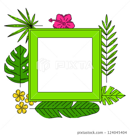 Frame with stylized palm leaves. Decorative image of tropical foliage and plants. 124045404