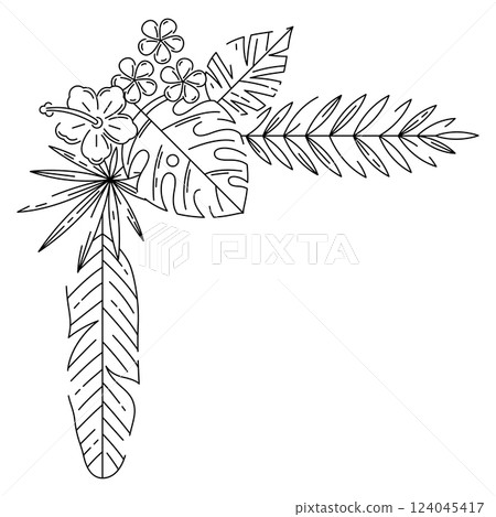 Corner with stylized palm leaves. Decorative image of tropical foliage and plants. 124045417