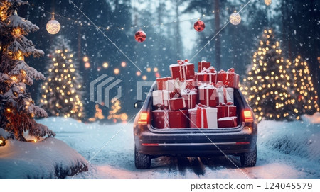 A car's trunk is filled with red-wrapped gifts, parked on a snowy road. Decorated evergreen trees and colorful lights create a festive atmosphere as snowflakes gently fall from a twilight sky. 124045579