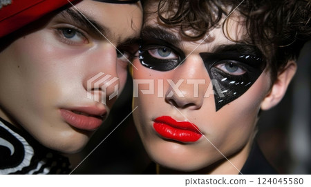 Two young men, one with a red hat, stand close together and look directly at the camera. They both have bold, creative makeup on their faces. 124045580