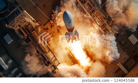 A powerful rocket ascends from a launch pad, engulfed in flames and smoke as it breaks free from the earth. Engineers and spectators observe the highly anticipated moment during daylight hours. 124045586