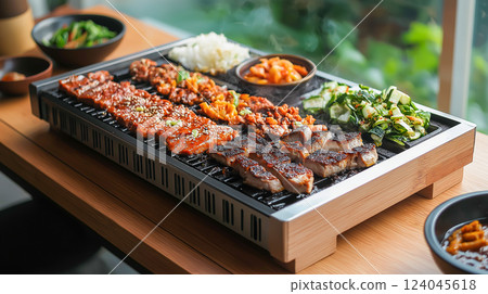 Festive barbecue spread with grilled meats and fresh vegetables at a cozy dining table Festive barbecue spread with grilled meats and fresh vegetables at a cozy dining table 124045618